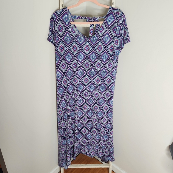 Chico's Dress womens size 8 10 geometric print sharkbite hem blue purple - Picture 1 of 6
